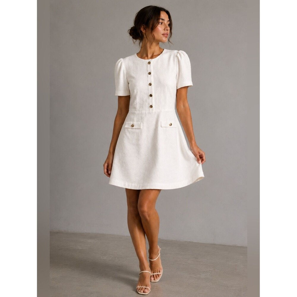Andrew Marc White Textured Fit & Flare Dress Gold Buttons Quiet Luxury Size 10